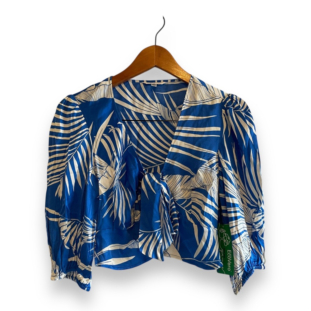 GUESS Women Blue White Tropical Palm Print Front Tie‎ Crop Top EcoVero Small NWT